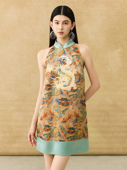 HECO Chinese Stand Collar Color-Blocked Golden Dragon Embroidery Dress - ZIPH