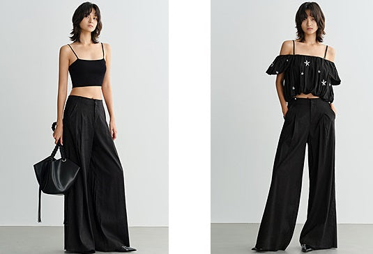 COMME MOI  Summer Waist Pressed Pleated Wide-leg Black Pants - SINS.