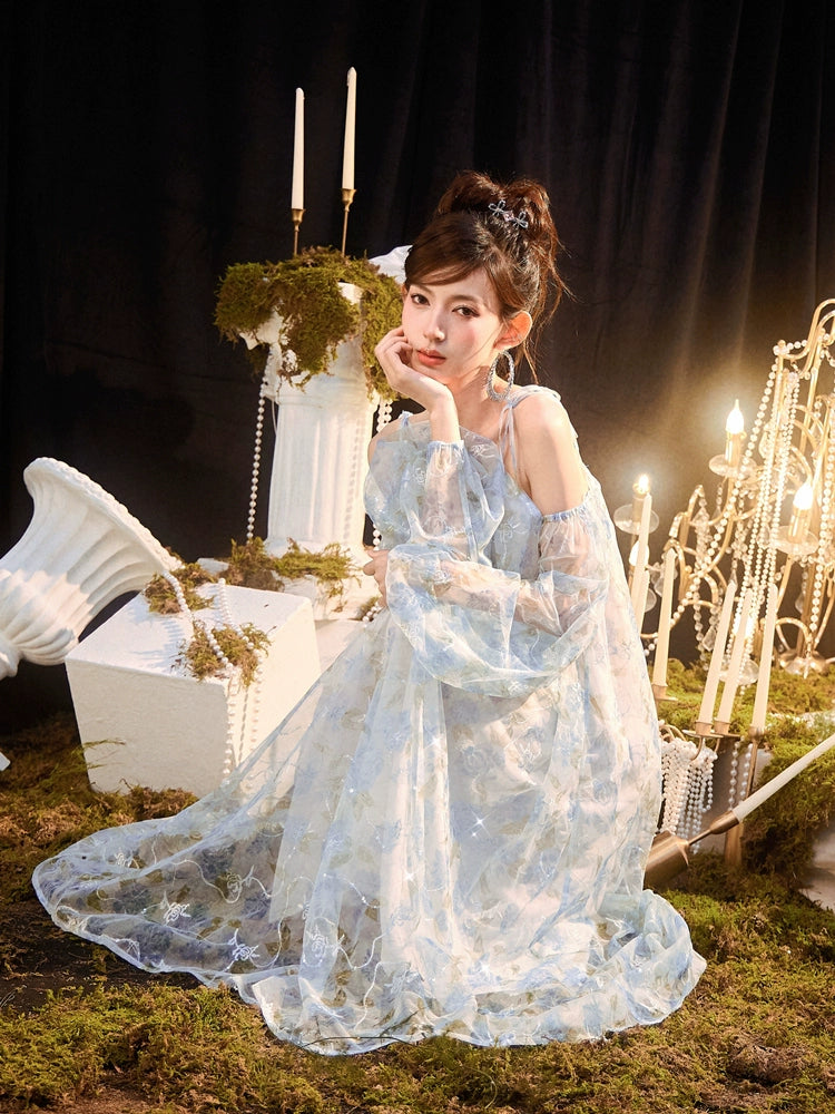 DOLLY Elegant Blue French Style Floral Off Shoulder Loose Glitter Resort Dress-TEE