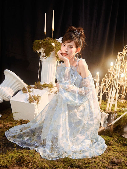 DOLLY Elegant Blue French Style Floral Off Shoulder Loose Glitter Resort Dress-TEE