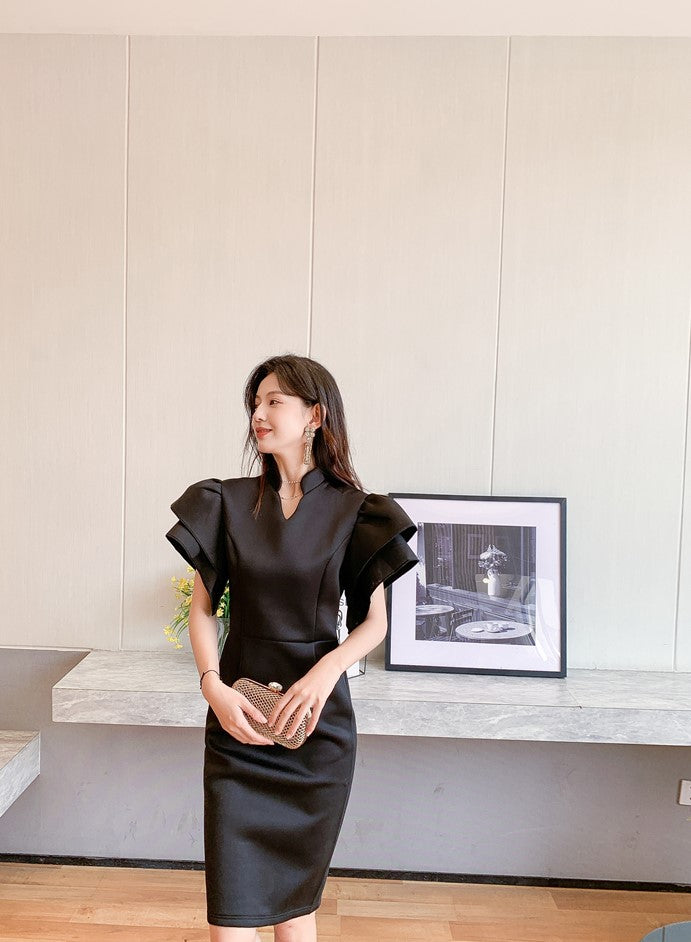 DOLLY Elegant French Style Black Stand Collar Short Sleeve Office Dress-MAMA