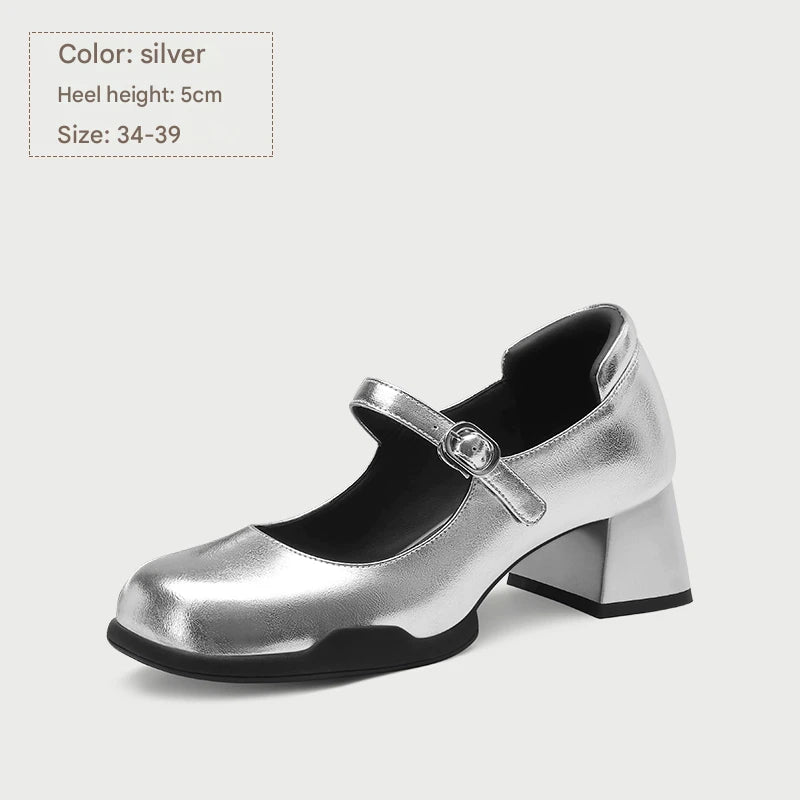 PJJUU square toe mary jane silver shallow mouth thick heel shoes- ANTONIO.