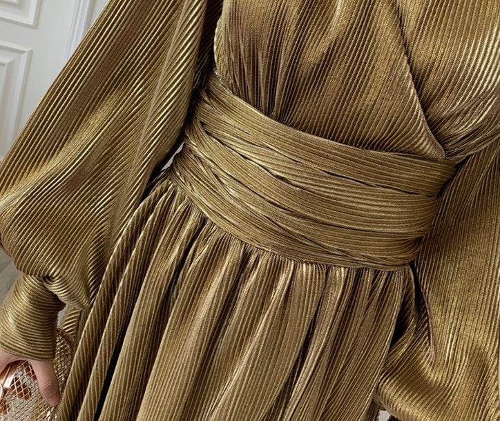 DOLLY Elegant Retro Gold Deep V-Neck Long Puff Sleeve Long Slit Award Dress-HUGO