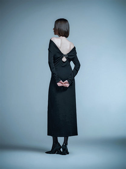 ANNAKIKI  Designer Vertical Back Cut-out Pleated One-Line Neck Dress-MIU