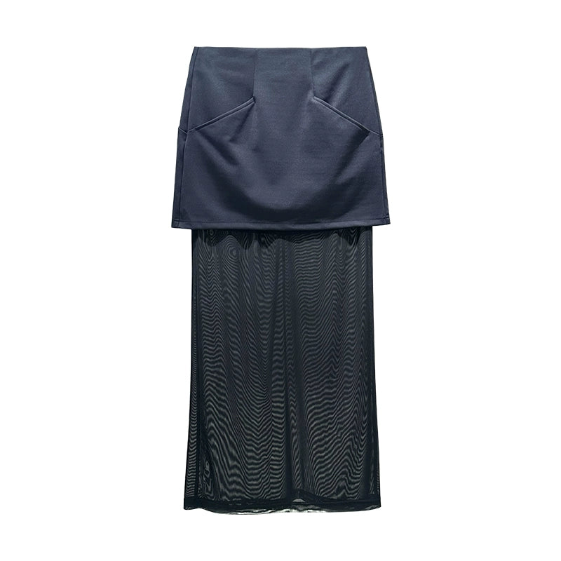 ANNAKIKI Pre-Fall Niche Designer Black Mesh Paneled Midi Skirt-TEMS