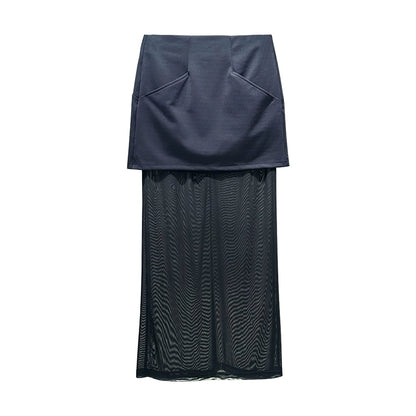ANNAKIKI Pre-Fall Niche Designer Black Mesh Paneled Midi Skirt-TEMS