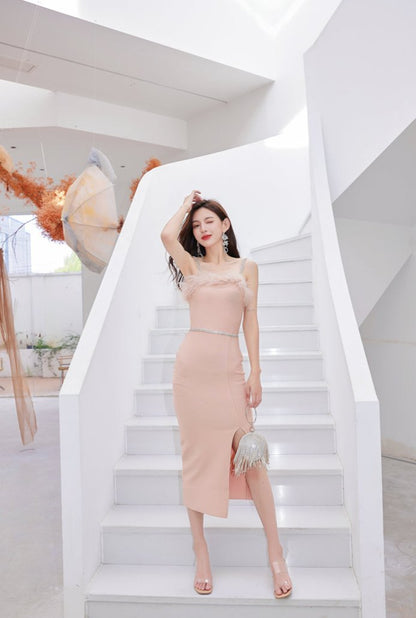 DOLLY Elegant Sleeveless Feather Tube Top Hip Wrap Dinner Dress-KALE