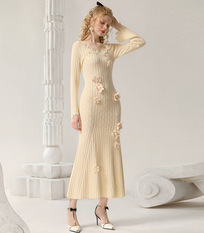 CHECOCRE Elegant Autumn Crochet Hollow Wool Slim Fishtail Long Dress- MARK