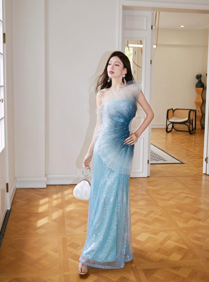 DOLLY Luxury Blue Sleeveless Mesh Bandeau High Waist Long Fish Tail Cocktail Dress-SENORA