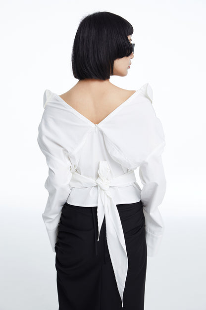 TINY IN white lace-up shirt one and two wear off-the-shoulder loose shirt -MEL