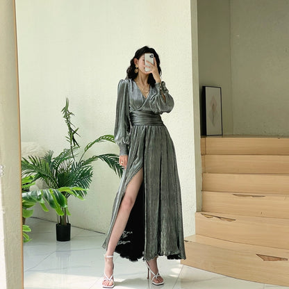 DOLLY Elegant Retro Gold Deep V-Neck Long Puff Sleeve Long Slit Award Dress-HUGO