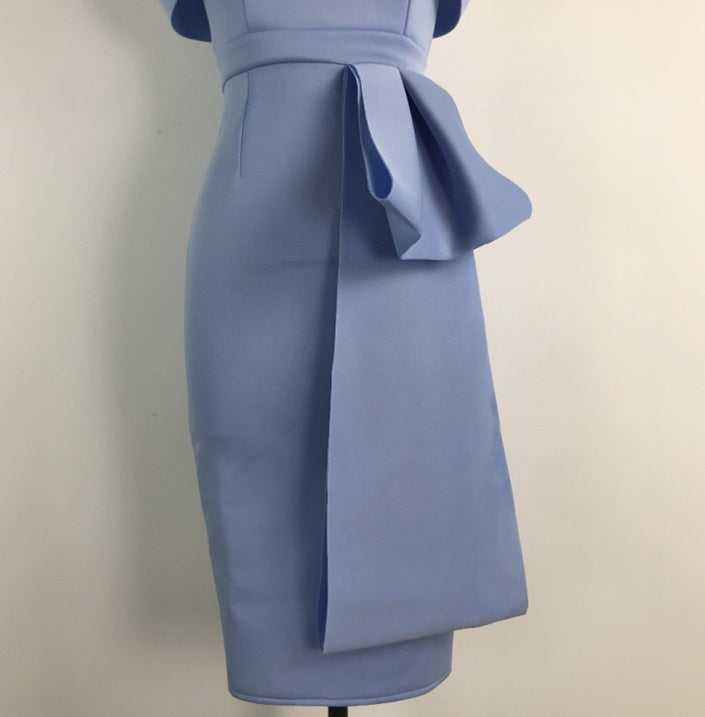 DOLLY Elegant Blue Sleeveless Off Shoulder Chest Wrap Midi Dinner Dress-DARA