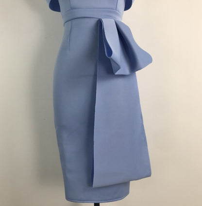 DOLLY Elegant Blue Sleeveless Off Shoulder Chest Wrap Midi Dinner Dress-DARA
