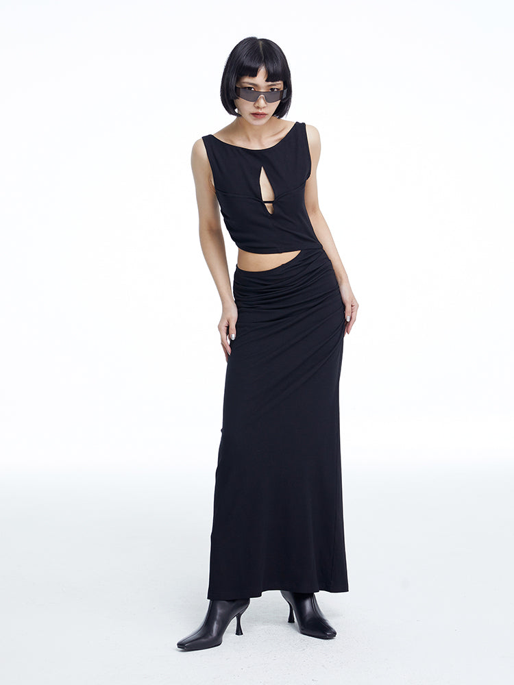 TINY IN knitted faux two-piece women's pleated long dress -CHARMY