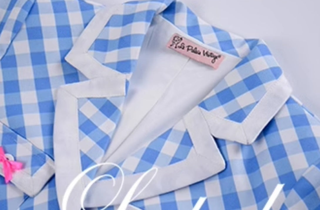 Le Palais  Blue Plaid Small Fragrance Thin Short Coat + Short Skirt- Yuno