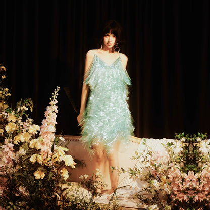 DOLLY Elegant Turquoise Green Sleeveless V-neck Tassel Glitter Cocktail Dress-ALEXA