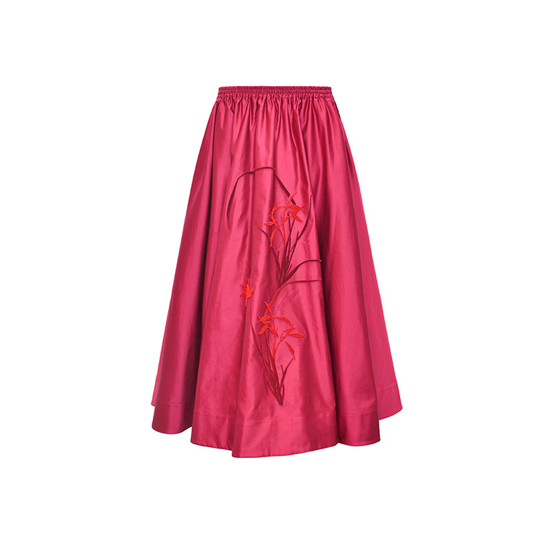 M essential Mackay designer red goldfish bead off shoulder top pleated skirt set- plum.