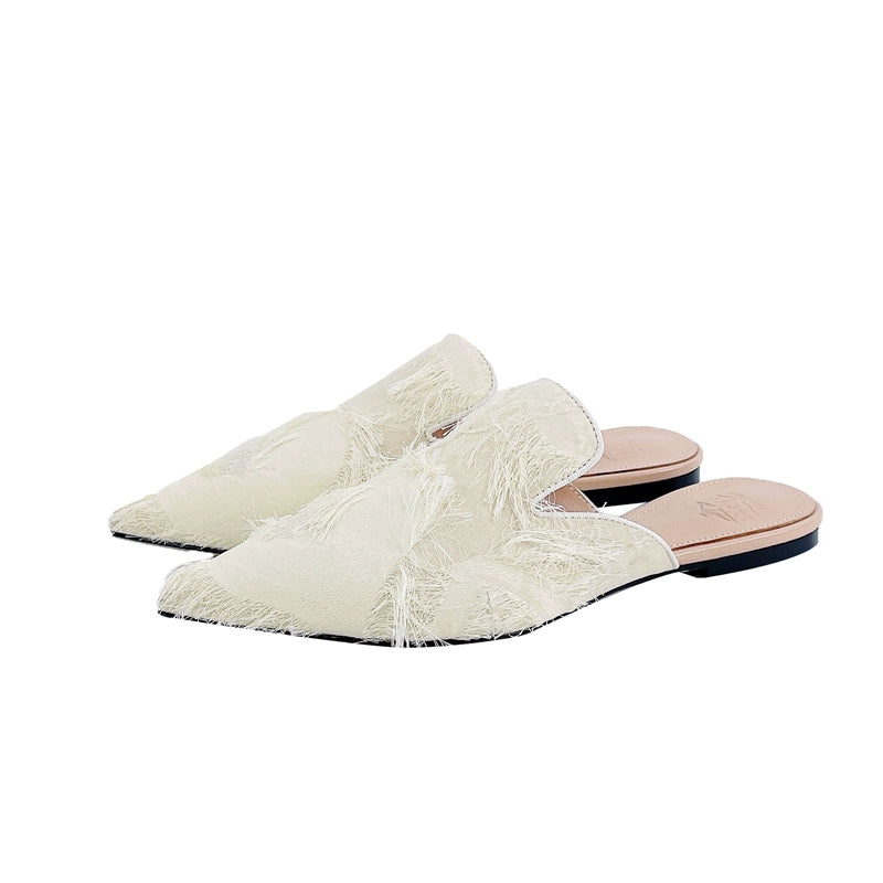 B-FEI white fringed pointed toe flat shoes-KUTAPRO.