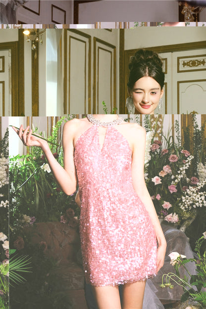 Wardrobes by Chen Luxury Sleeveless halter Sequin Short cocktail Dress- Limmi