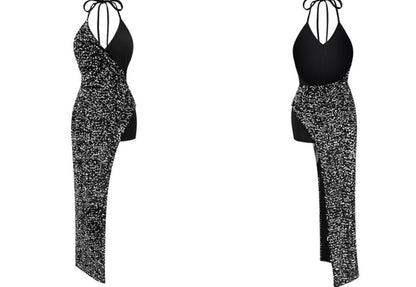 DOLLY Luxury Black Sleeveless Sequin Halter Neck Irregular Hem Sexy Cocktail Dress-ANASTASIA