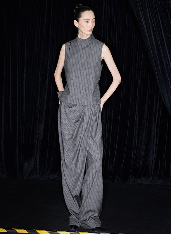 M essential Mackay designer label sand diamond grey stripe diamond buckle drawstring vest - ZING.