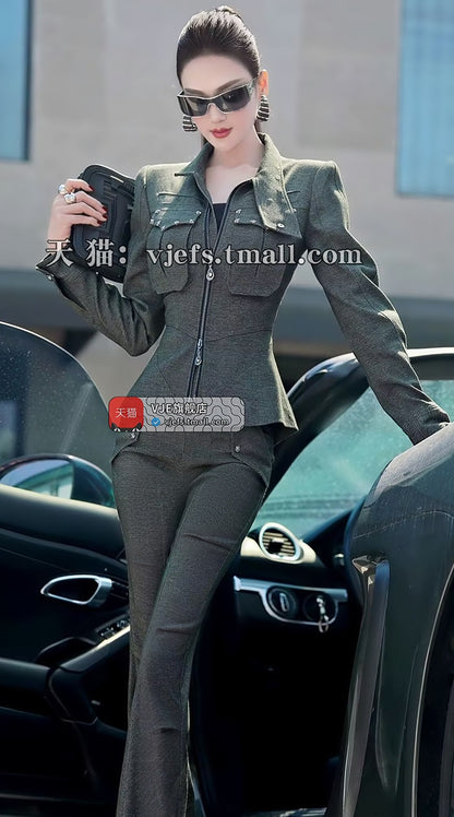 VJE denim top straight-leg pants two-piece set suit-MEA.