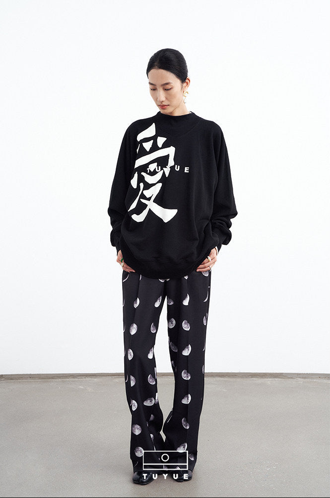 TUYUE black heavy cotton crew neck casual letter sweatshirt - CONNIE.
