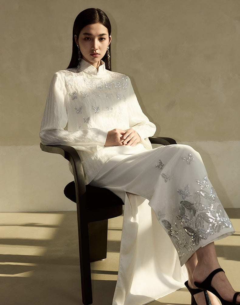 HECO Butterfly Beads Embroidered Stand-Up Collar black white T-Shirt - WORDS.