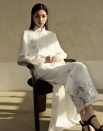 HECO Butterfly Beads Embroidered Stand-Up Collar black white T-Shirt - WORDS.