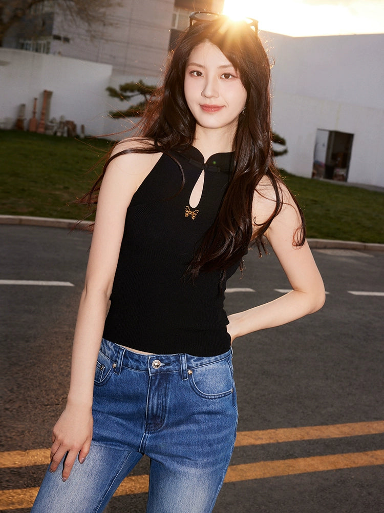 YES BY YESIR Ye Qians Chinese Halterneck Shaved Shoulder Knitwear -ANASTELLE.