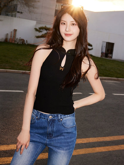 YES BY YESIR Ye Qians Chinese Halterneck Shaved Shoulder Knitwear -ANASTELLE.