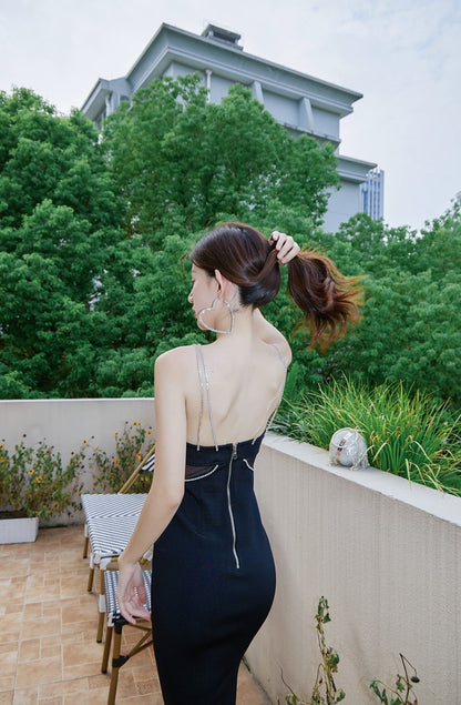 DOLLY High End Black Retro Style V-Neck Sleeveless Diamond Chain Long Dress-GENEVIEVE