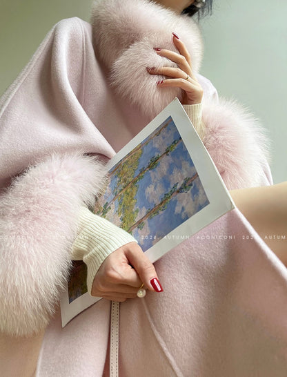 Aconiconi Winter pink wool cape fox fur sleeve double-sided coat-Sakura