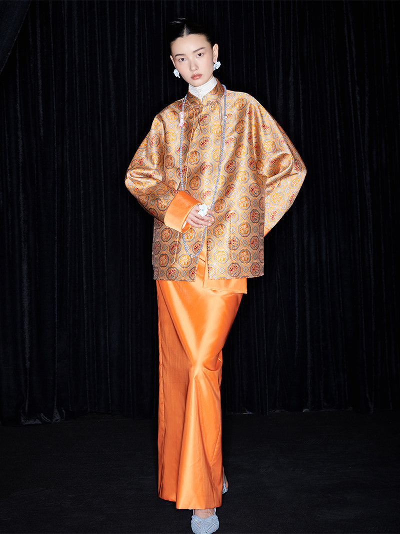 M essential Mackay designer halo stand-up collar jacket orange skirt suit  - Guaida.