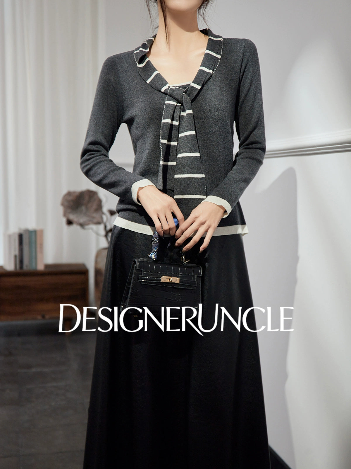 DGU| Dark Gray Striped Bow Tie Niche Design Retro Gentle Commuter Top - Antonio.