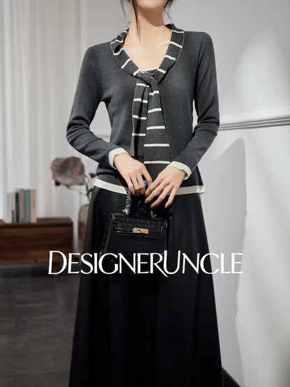 DGU| Dark Gray Striped Bow Tie Niche Design Retro Gentle Commuter Top - Antonio.