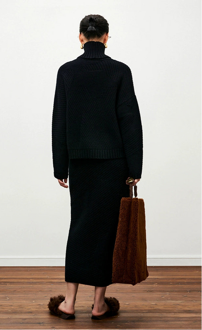 ZHUCHONGYUN Black Sheep Wool Knitted Straight Skirt-ASUNA.
