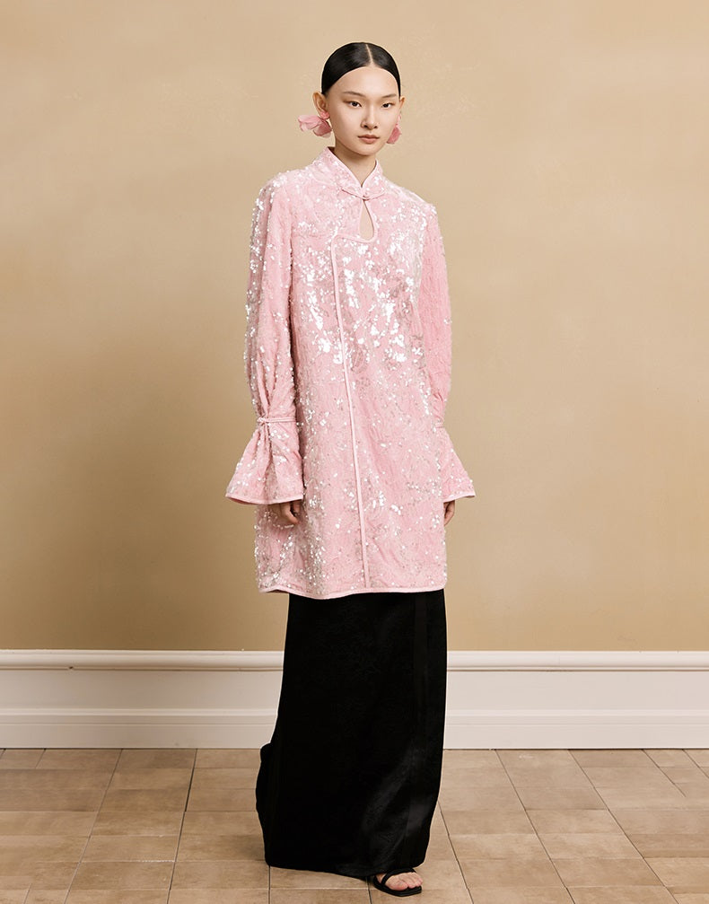 HECO floral sequins embroidery long sleeve short DRESS  - CUTE.