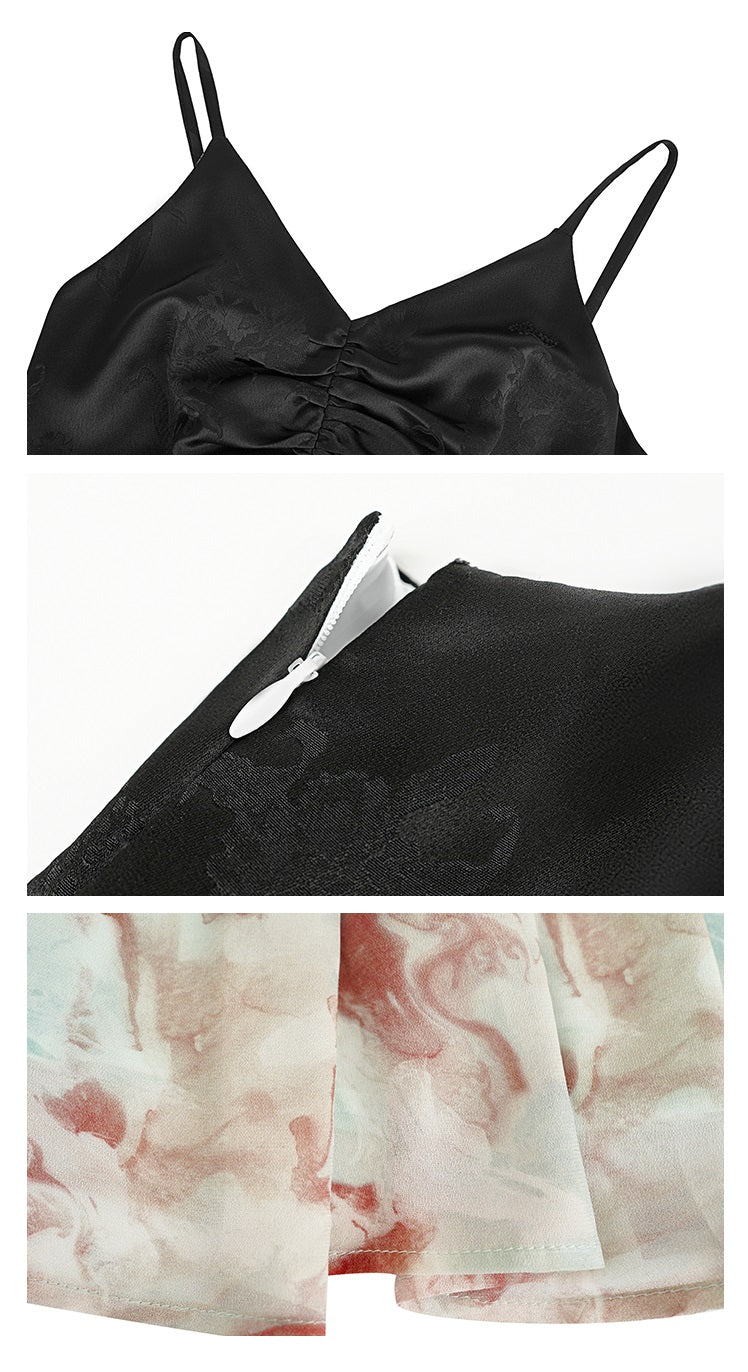 HECO Chinese V-neck camisole chiffon print long dress - BUSE.