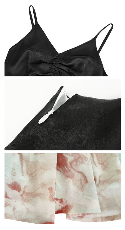 HECO Chinese V-neck camisole chiffon print long dress - BUSE.