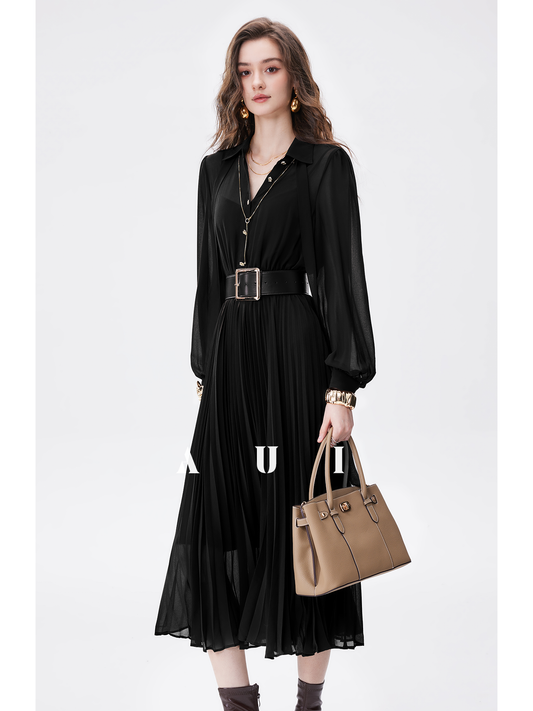 AUI Black Professional Temperament Chiffon Shirt Puff Sleeve Slim Polo Dress - Ha-rin.