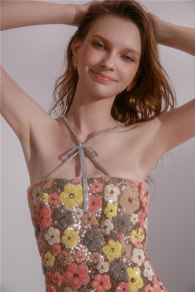 Wardrobes by Chen HighEnd Halter Diamond Tassel  sequin cocktail dress-Jam