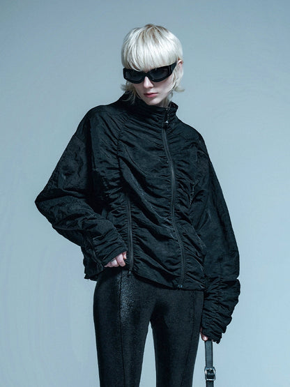 ANNAKIKI black zipper split function pleated jacket for women-HINA