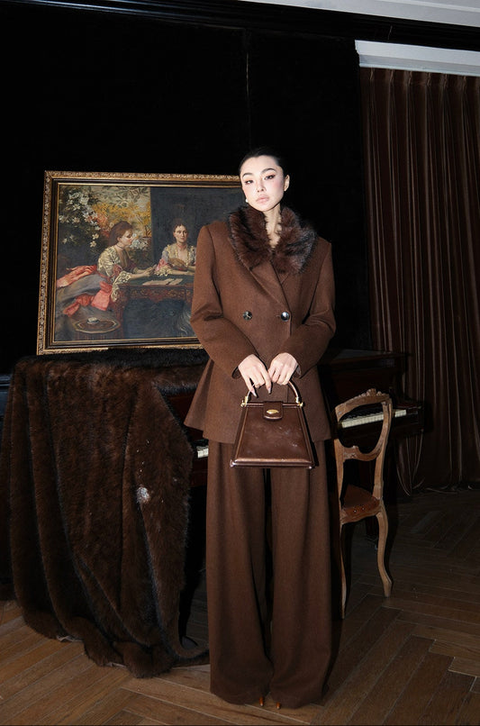 MEI SANGUAN Coffee Velvet Blazer & Slacks Set - ELENA