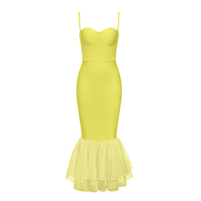 DOLLY Elegant Nude French Style Sleeveless Ruffle Fish Tail Dinner Dress-AMALIA