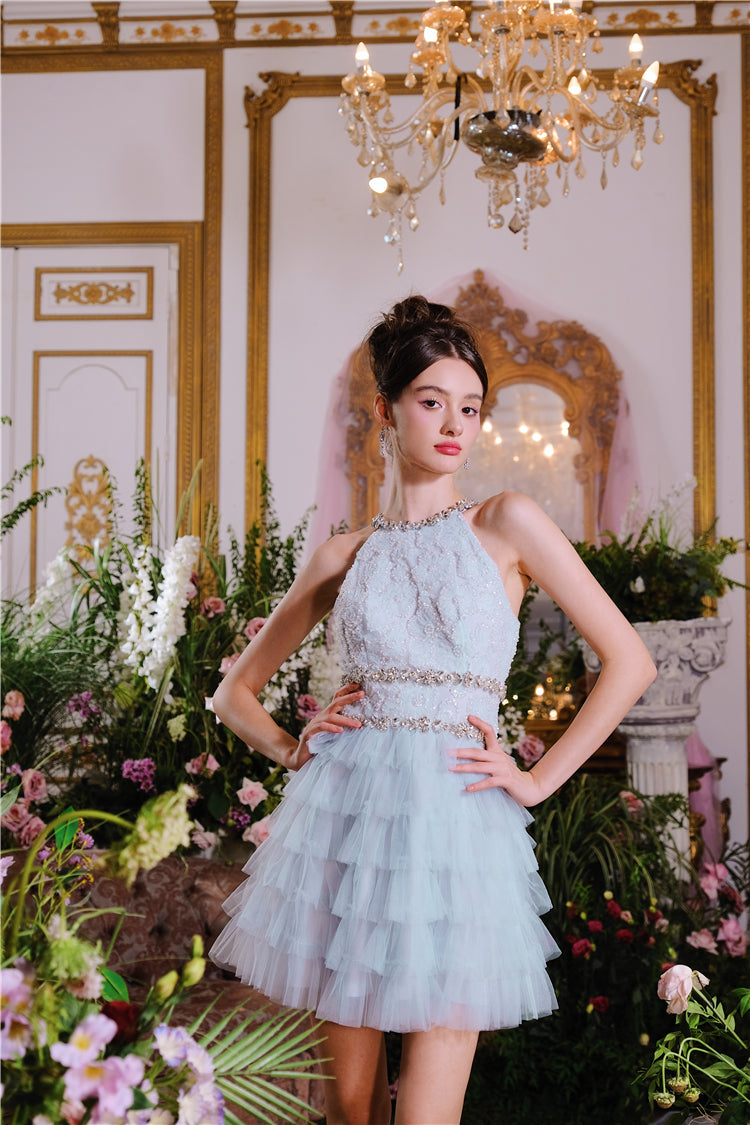 Wardrobes by Chen Luxury Couture Sleeveless halter layered party Dress- Nuni