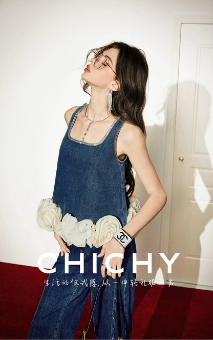 CHICHY retro Hong Kong style dark blue denim wide-leg trouser vest suit -PHARREL