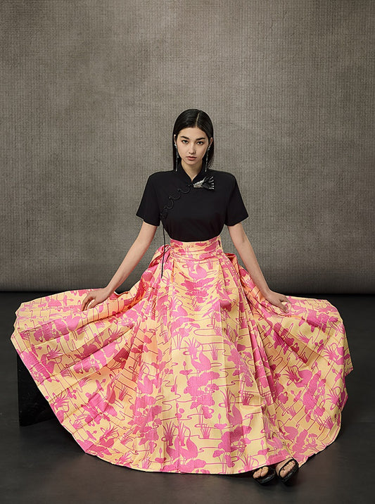 HECO Summer Lotus Pond Crane Long Skirt - GRAD.