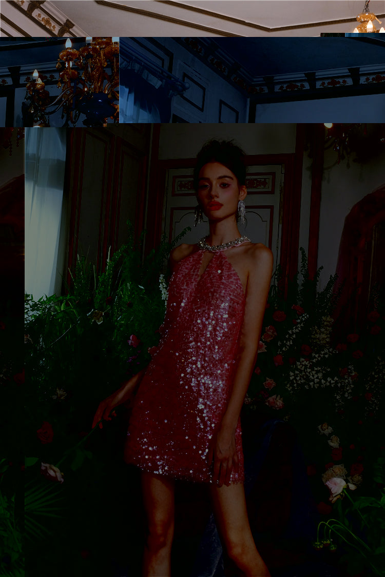 Wardrobes by Chen Luxury Sleeveless halter Sequin Short cocktail Dress- Limmi