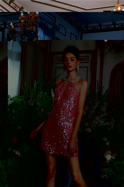 Wardrobes by Chen Luxury Sleeveless halter Sequin Short cocktail Dress- Limmi
